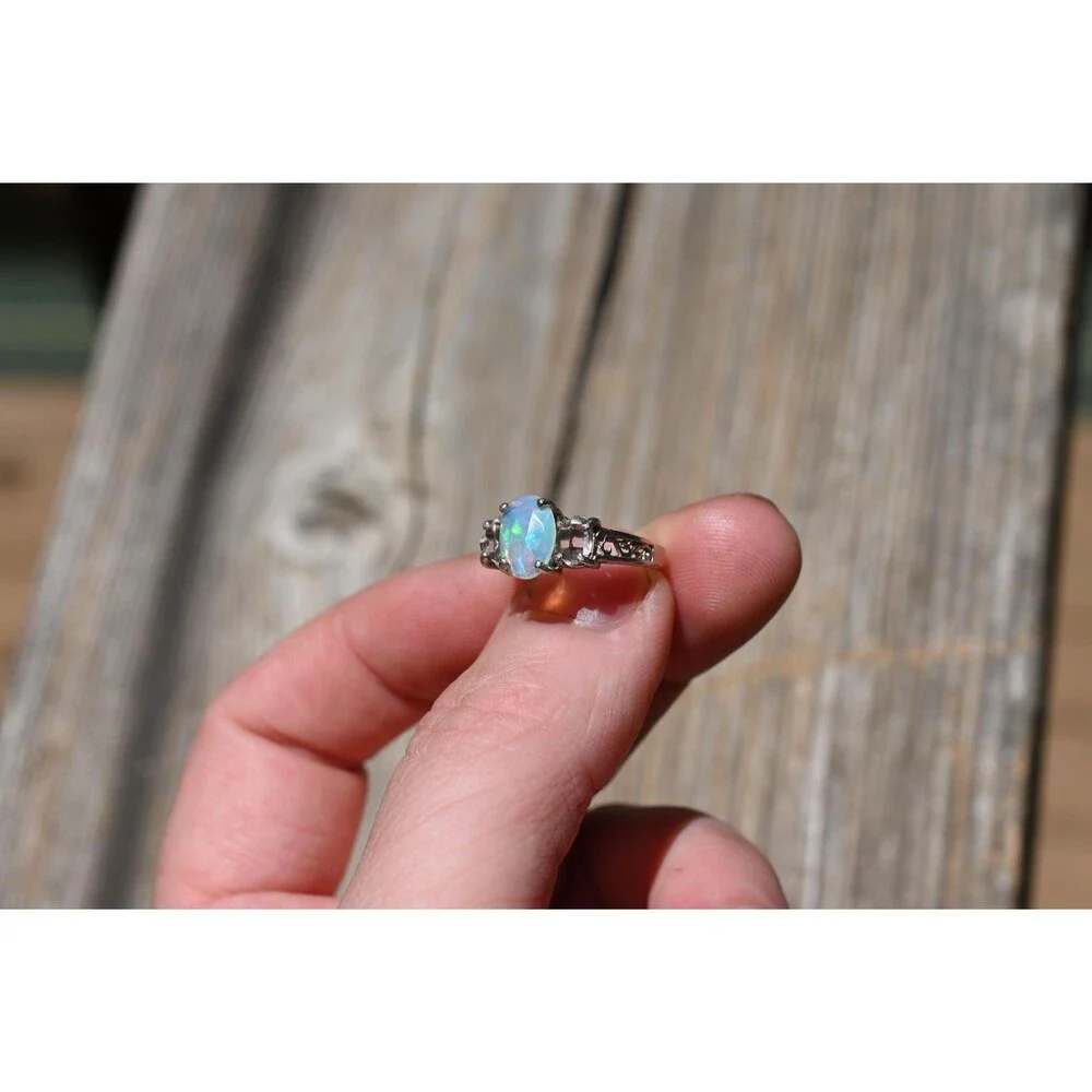 Engagement ring Opal & Herkimer diamond Ring in Sterling Silver – Unique Fire Pl
